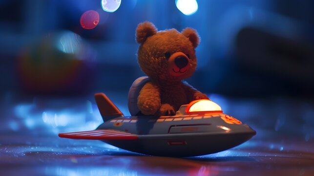 Toy Teddy Bear Rides Futuristic Hovering Spaceship in Nighttime Cosmic Scenery