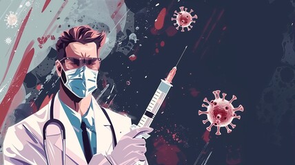 Doctor in white coat and medical mask, with large vaccine syringe fights combat viruses. Healthcare battle against infectious diseases, flu, smallpox, measles and coronavirus.  - obrazy, fototapety, plakaty