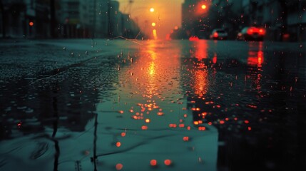 Raindrops glisten on a city street at twilight, with the setting sun casting a warm glow on the wet urban landscape.