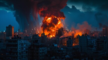 War Zone - Modern war in urban area, ruined buildings, explosions, smoke and fire  - obrazy, fototapety, plakaty