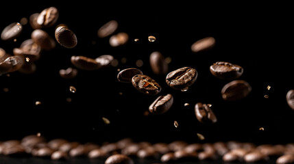 Photo of falling coffee beans on black background. Cinematic style