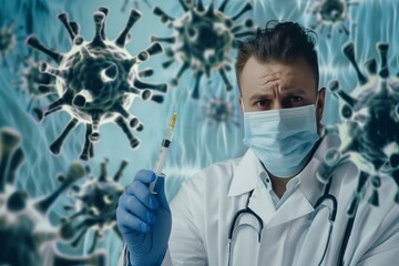 Doctor in white coat and medical mask, with large vaccine syringe fights combat viruses. Healthcare battle against infectious diseases, flu, smallpox, measles and coronavirus. 