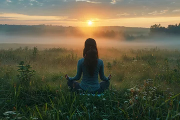 Foto op Canvas Woman meditating in grassy field at sunrise with mist. Mindfulness meditation and serene landscape. Wellness and peaceful retreat concept for design and print © Alexey