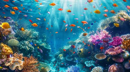 Vibrant coral reef teeming with colorful fish and marine life, beneath the clear waters of a...