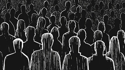 The black and white drawing depicts a crowd of people and we see many faceless figures. The concept of public events, gatherings of civilians. All people are gray and stand densely in the space.