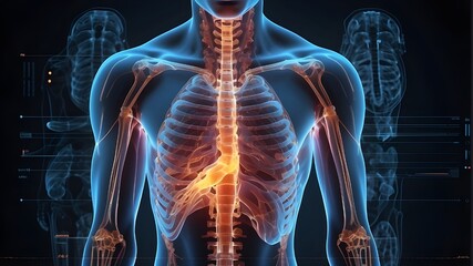 human body anatomy, Medical, human body hologram in the futuristic HUD style, with bones, organs, joints, and brain.body, human, scan, three-dimensional, digital, technology, medical, person, science,