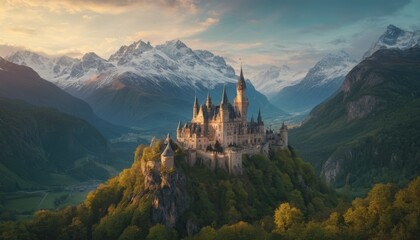 An enchanting castle perched on a craggy cliff, its spires reaching for the sky against a dramatic backdrop of snow-capped mountains and a verdant valley below, bathed in the golden light of dawn. - obrazy, fototapety, plakaty