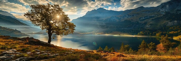 A tranquil lake near a stunning mountain landscape