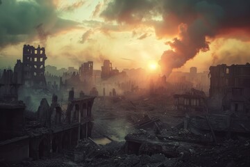 War zone - demolished city with smoke and ruins - obrazy, fototapety, plakaty