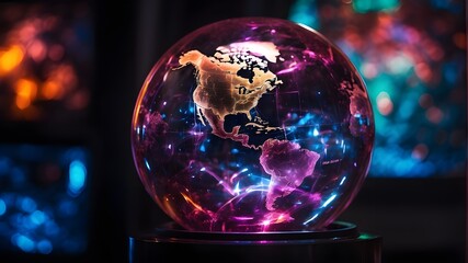 Magic crystal ball for future forecasting on a stunning purple galaxy background - obrazy, fototapety, plakaty