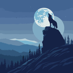 Naklejka premium wolf howls at full moon blue nature landscape