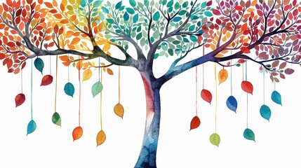 Colorful tree with leaves on hanging branches illustration cut out on white background - obrazy, fototapety, plakaty