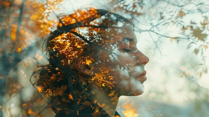 Double exposure portrait of young woman and autumn tree