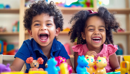 Two happy multiracial children laughing while in kindergarten.  - obrazy, fototapety, plakaty
