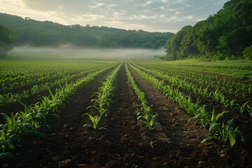 Young cornfield in morning mist with forest backdrop. Early growth agriculture and sustainable farming concept for design and print - obrazy, fototapety, plakaty