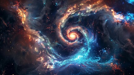 Vibrant swirls of cosmic dust and gas forming a mesmerizing galaxy spiral. - obrazy, fototapety, plakaty