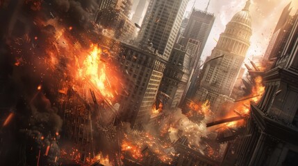 Fototapeta premium Fictional illustration of war in New York, explosions, fire and smoke