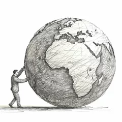 Fotobehang A man tries to hold a huge globe. Pencil sketch in black and white coloring. Illustration for cover, postcard, greeting card, interior design, decor or print. © Login