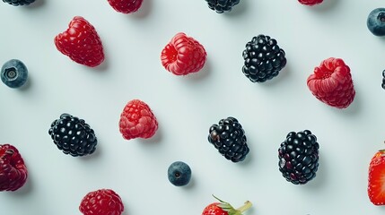 Assorted berries on a plain background. Freshness and natural simplicity. Ideal for food blogs and nutrition themes. High-quality imagery for health-focused content. AI - obrazy, fototapety, plakaty
