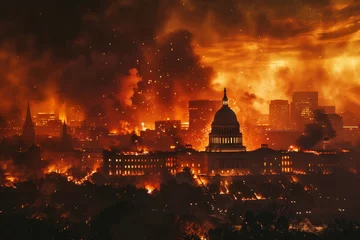 Rolgordijnen Fictional illustration of the Capitolium under attack - Washington DC in flames and smoke © PetrovMedia