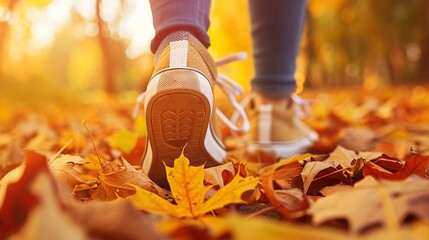 Feet sneakers walking on fall leaves Outdoor with Autumn season nature