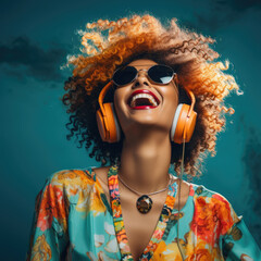 A woman with curly hair and orange headphones is smiling - 766530357