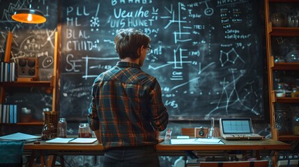 Focused individual studying complex equations on a chalkboard in a dimly lit room. An intense study session. Illuminated by ideas. AI