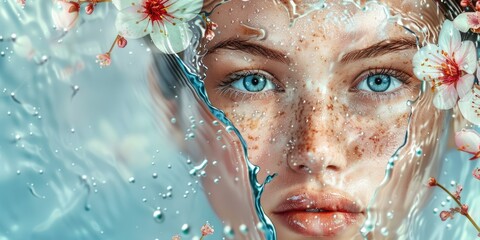 portrait of a beautiful girl in close-up, splashes of water, white flowers, clean skin concept, banner for beauty and cosmetology