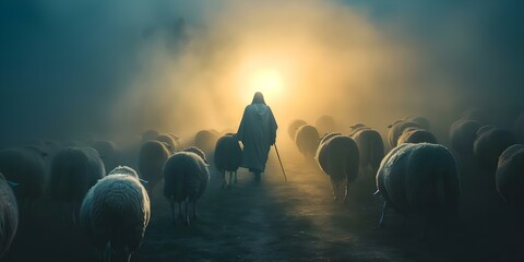 Religious image of Jesus as a shepherd guiding sheep with divine light symbolizing spiritual leadership and guidance. Concept Religious Art, Jesus as Shepherd, Divine Light, Spiritual Leadership - obrazy, fototapety, plakaty