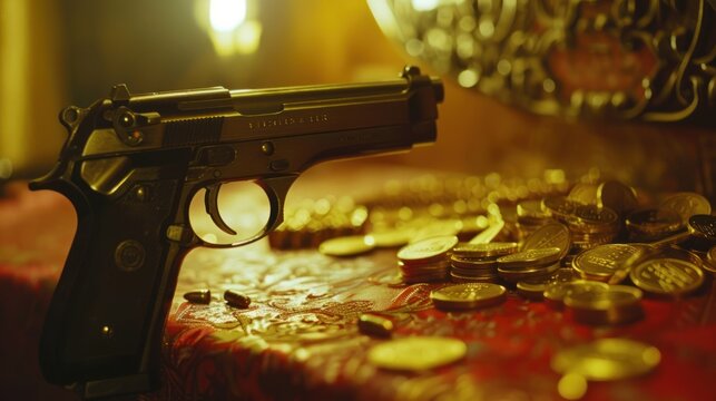 gun sits on a table with gold coin