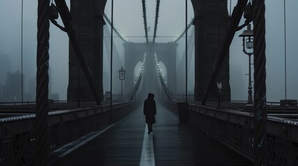 man alone of the Brooklyn Bridge - obrazy, fototapety, plakaty