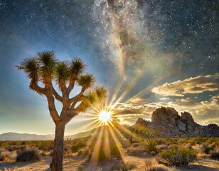 Exploding star dust and sun rays over a joshua tree