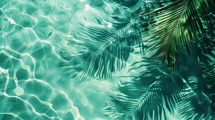 Fototapeta na wymiar Water background palm leaf shadow on abstract white sand beach background, sun lights on water surface, beautiful abstract background concept banner for summer vacation at the beach green aqua texture