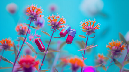 Healthy plants and supplement pills, sky as background. Health and medical care creative concept. Vitamin tablets. 