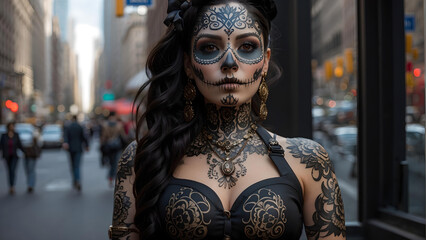 Mujer con tatuajes de Catrina. Personaje típico de la celebración del Día de Muertos en México. Hermosa modelo al estilo Punk, en las calles de una gran ciudad.