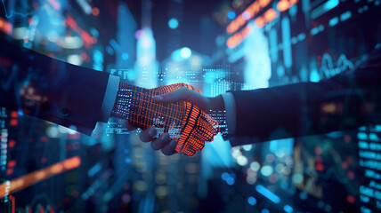 A virtual handshake between digital avatars representing multinational corporations, signifying agreements facilitated by financial technology platforms.
