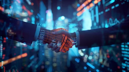Abwaschbare Fototapete Musikladen A virtual handshake between digital avatars representing multinational corporations, signifying agreements facilitated by financial technology platforms.