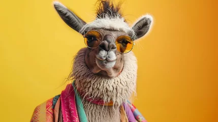 Fotobehang Lama dressed in hippy clothes and glasses on yellow background © Naila