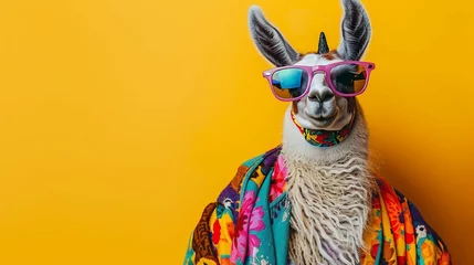 Poster Lama dressed in hippy clothes and glasses on yellow background © Naila