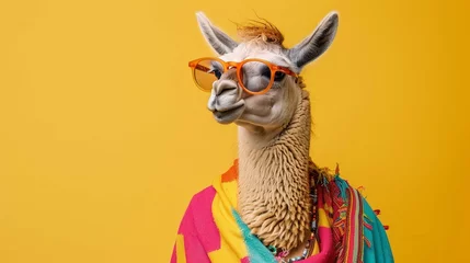 Fototapeten Lama dressed in hippy clothes and glasses on yellow background © Naila