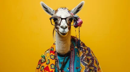 Rolgordijnen Lama dressed in hippy clothes and glasses on yellow background © Naila