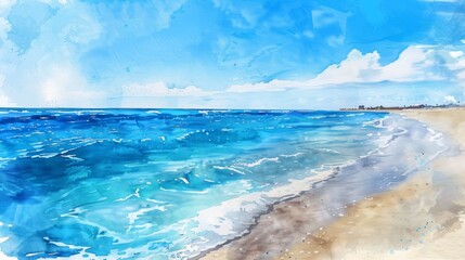 Blue Watercolor Coastal Seascape. Summer beach watercolor background