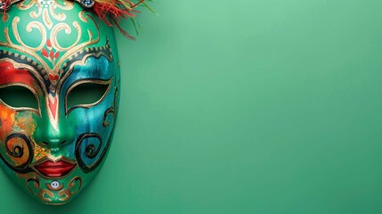 Multicolored carnival mask banner with space for text on green background
