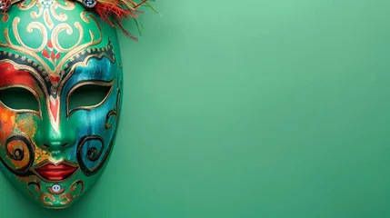 Gardinen Multicolored carnival mask banner with space for text on green background © Naila