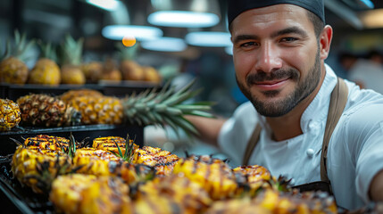 Chef grilling tropical kebabs with pineapple close-up