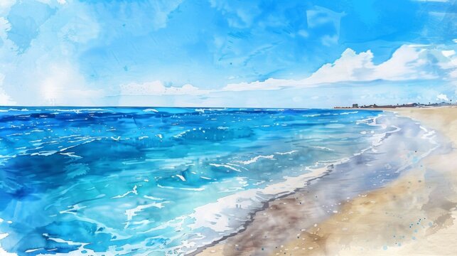 Blue Watercolor Coastal Seascape. Summer beach watercolor background