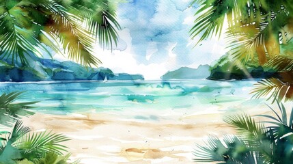 Tropical Paradise Watercolor Painting tropical paradise, framed by lush palm - obrazy, fototapety, plakaty