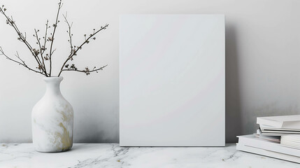 A beautiful minimal composition featuring a stylish empty frame, a vase with dry twigs, and a stack of books on a marble table against a textured wall - obrazy, fototapety, plakaty