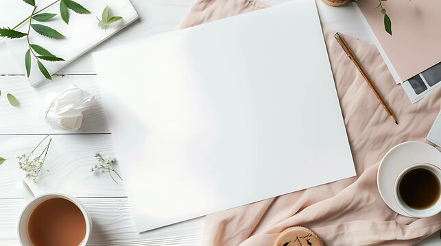 White wooden background with a cup of coffee, a pencil, a flower, some leaves, and a blank sheet of paper.