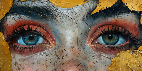 Close up of a beautiful woman's eyes. Colorful make-up. Psychedelic female portrait with paints on her face. - obrazy, fototapety, plakaty
